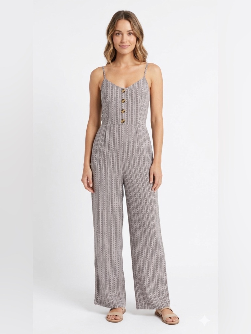 🆕 Streetwear Society | Taupe and White Printed Spaghetti-Strap Jumpsuit Buttons